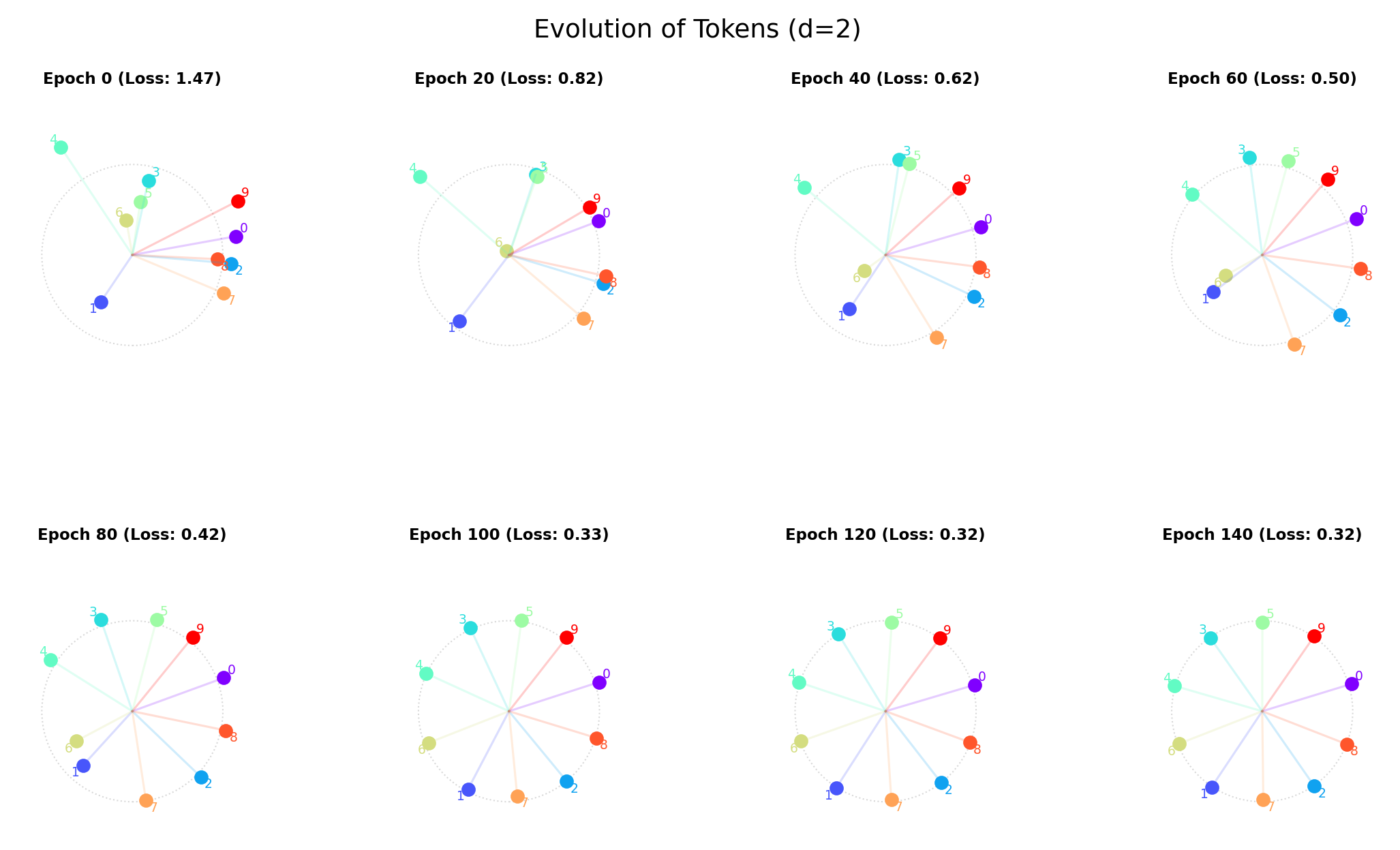 Figure 3.14: Evolution of embedding vectors in d=2 in an autoencoder NN: optimal solution